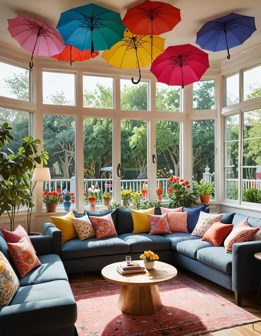 A warm and cozy scene depicting a couple sitting together in a safe home environment, surrounded by visual symbols of insurance such as umbrellas, shields, and hearts. The couple is smiling, showing comfort and security, with a backdrop of a peaceful neighborhood. The image conveys the essence of love, protection, and trust. vibrant colors. super-realistic.