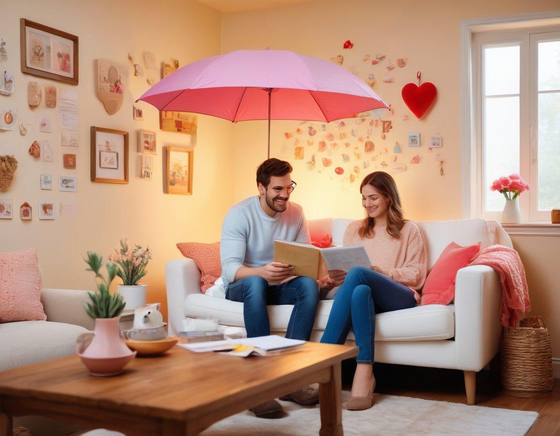 A loving couple sitting together on a cozy sofa, reviewing insurance documents with smiles, surrounded by symbols of security like a house, hearts, and umbrellas. Warm lighting adds comfort, while a background of soft pastel colors evokes a sense of trust and safety. Include elements reflecting various life stages such as a baby stroller and pet toys. super-realistic. warm colors. cozy atmosphere.