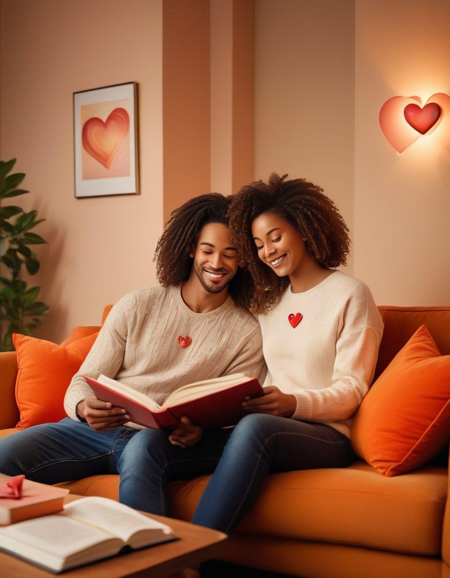 A warm, cozy scene of a couple sitting on a couch, looking at insurance documents with smiles, surrounded by heart symbols representing love and assurance. The background shows soft glowing lights, symbolizing trust and protection. Include a sense of security, with visual metaphors like a shield or heart-shaped lock. super-realistic. warm colors. inviting atmosphere.